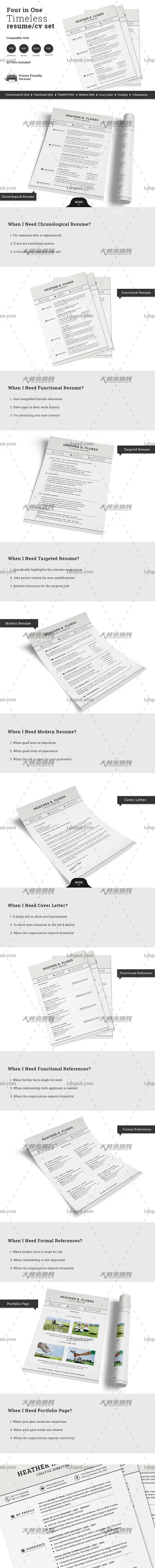 4 in 1 Timeless Resume CV Set,个人简历模板(INDD/DOCX/PSD)